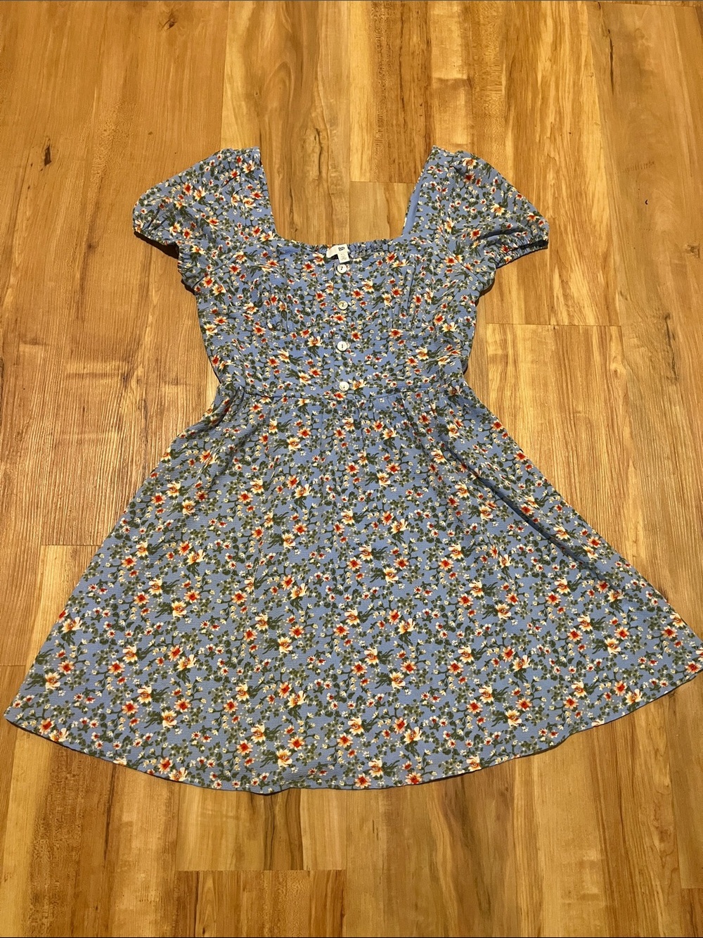 bp Light Blue Floral Puff-Sleeve Mini Dress